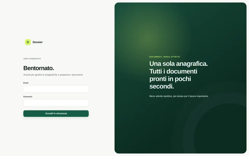 Schermata pubblica di accesso al gestionale Dossier