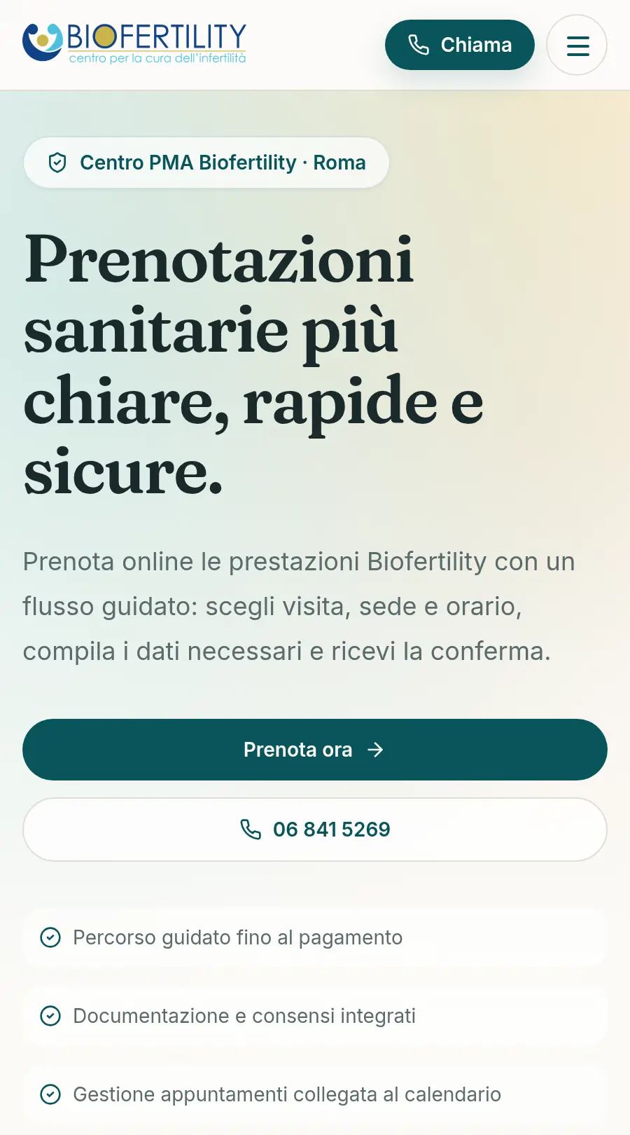 Flusso di prenotazione Biofertility su smartphone