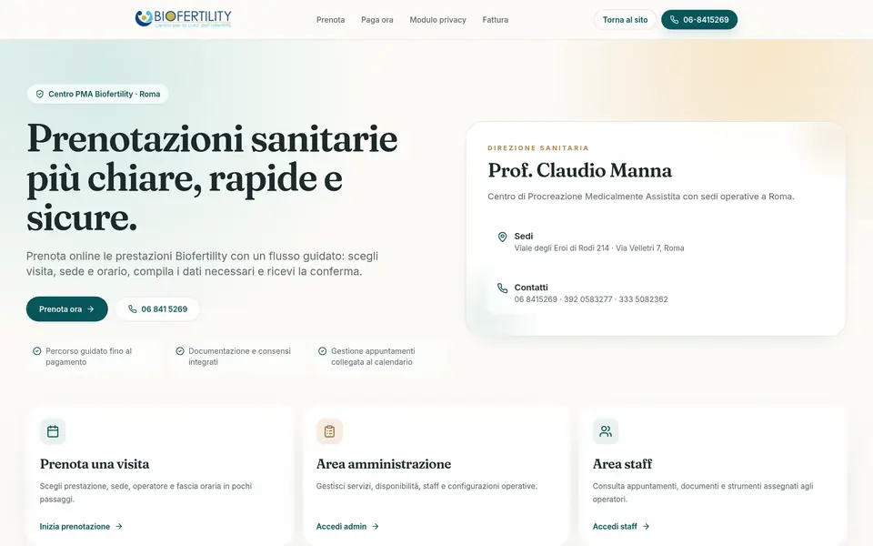 Homepage della piattaforma Prenotazioni Biofertility